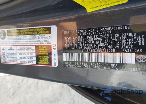 2011 Toyota Camry Le from USA, damaged, VIN 4T1BF3EK2BU759050